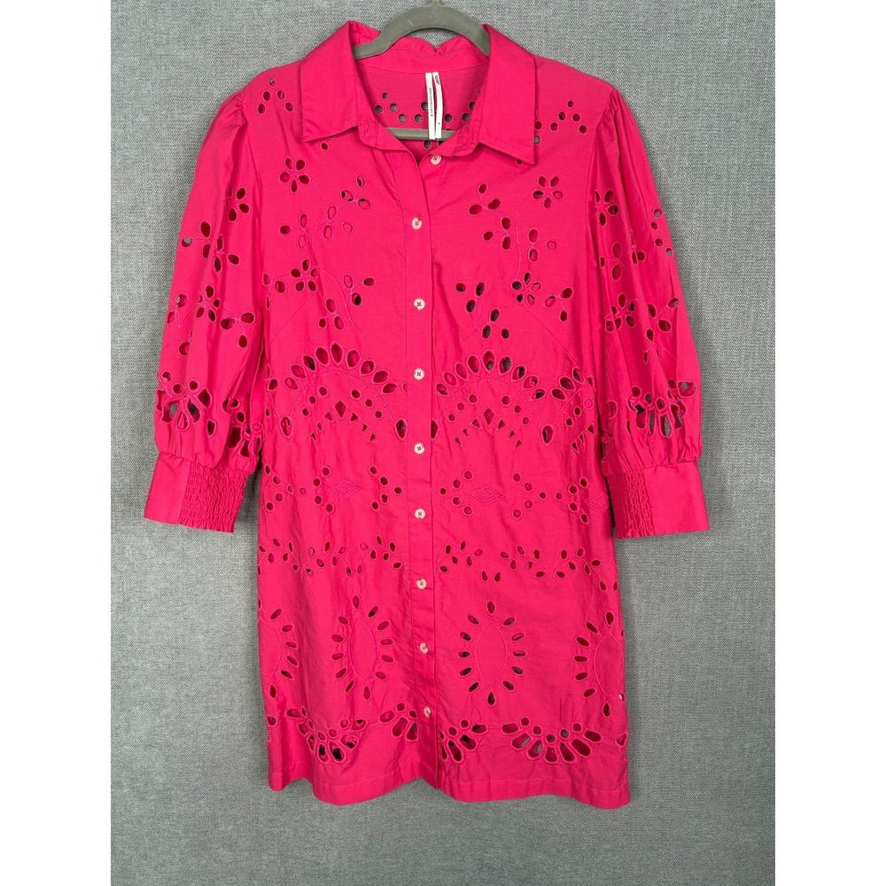 Anthropologie Shirt Dress Womens Medium Pink Button Up Eyelet Puff Sleeve Boho